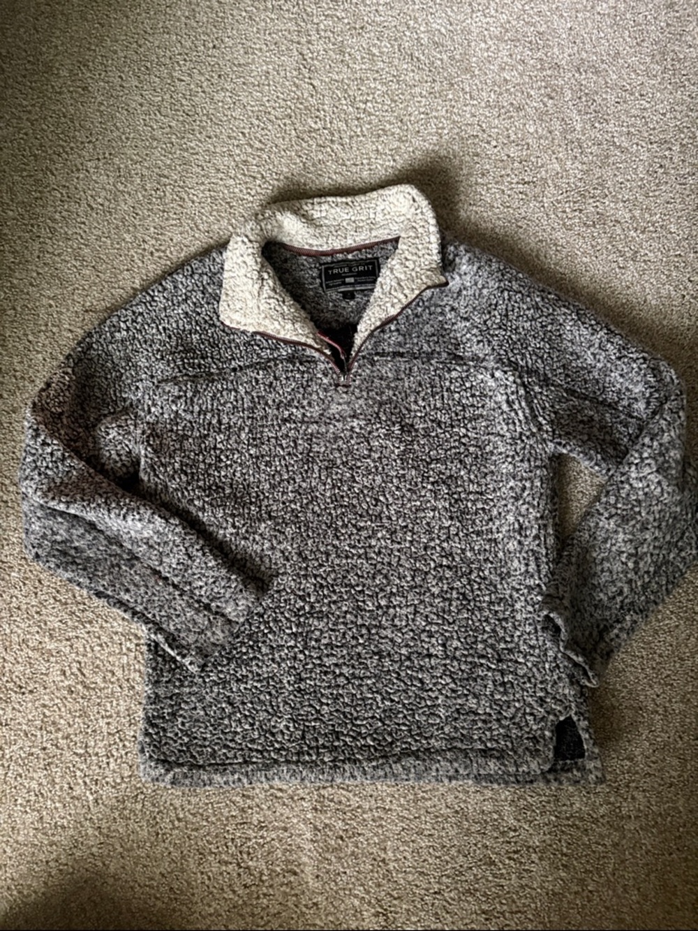 True Grit Men’s Gray Sherpa Zip-Up Pullover with Cream Collar